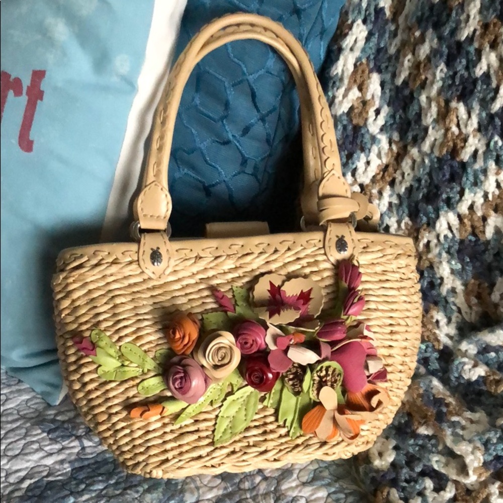 PREOWNED Brighton Straw Leather Appliqué Satchel